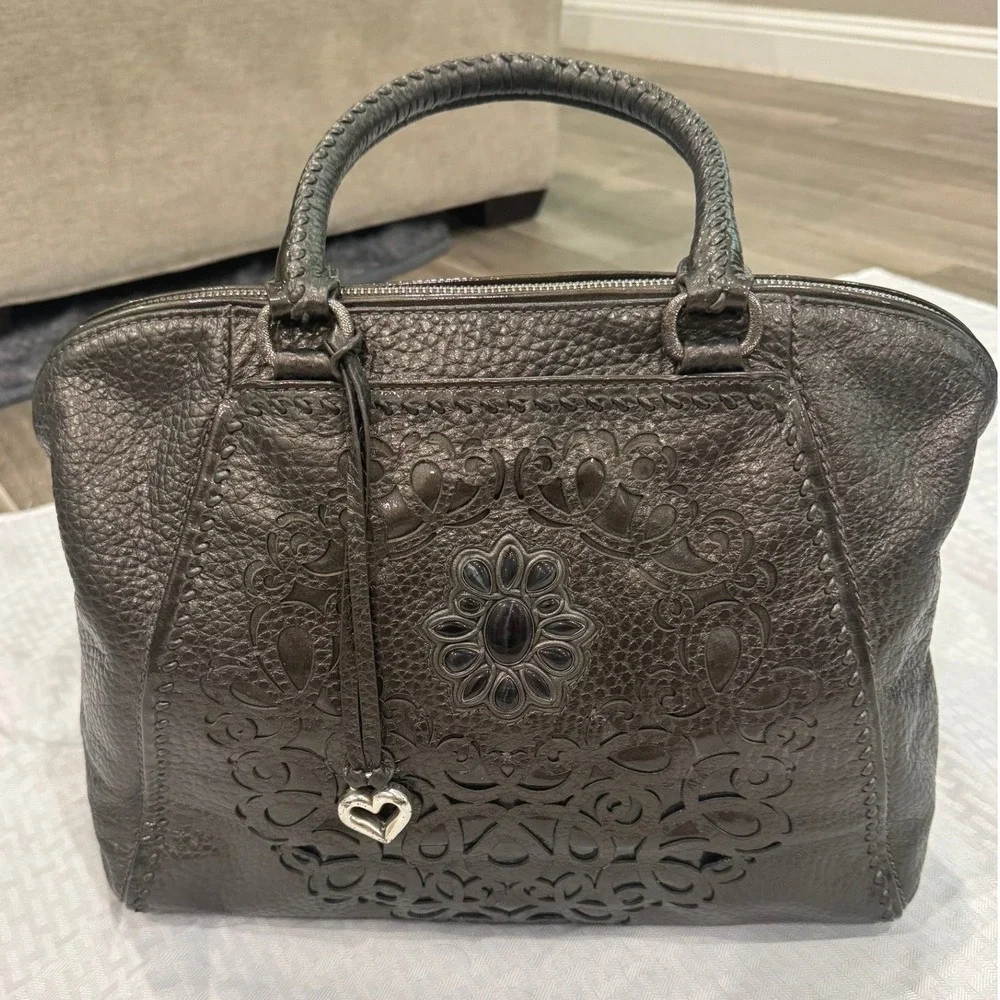 Brighton Leather Satchel Bag‎ Womens Large Metallic Charcoal Excellent Mandala
